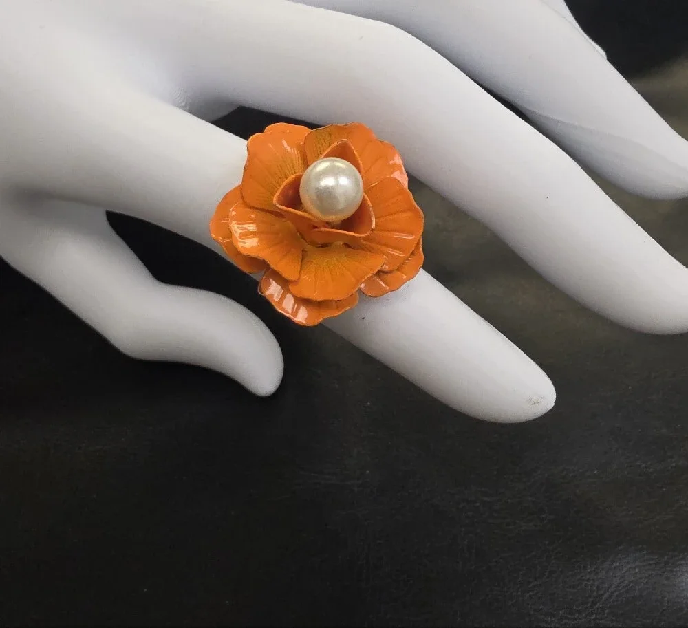 Orange Floral Pearl Center Cocktail Ring - Women Jewelry